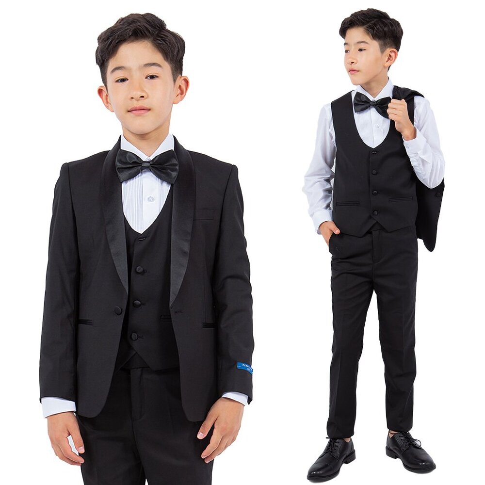 Perry Ellis Boys Black Tuxedo Set, Solid 5-Piece Black Shawl Collar